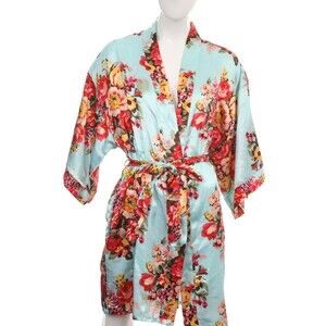 Ms. Lovely Kimono-Style Robe Womens XL Blue Base Floral Satiny Belted Loungewear